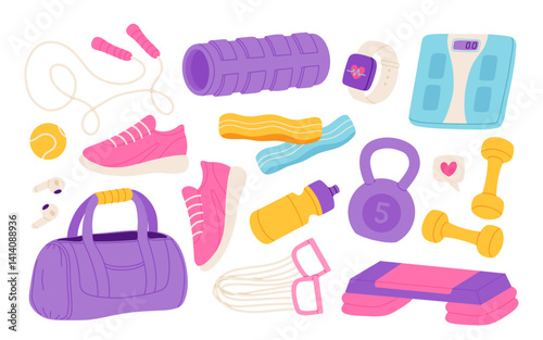 Sport equipment, gym and fitness stuff set. Workout accessories, objects. Balls, tennis rackets, mat, bag, dumbbell. Flat graphic vector illustration isolated on white background