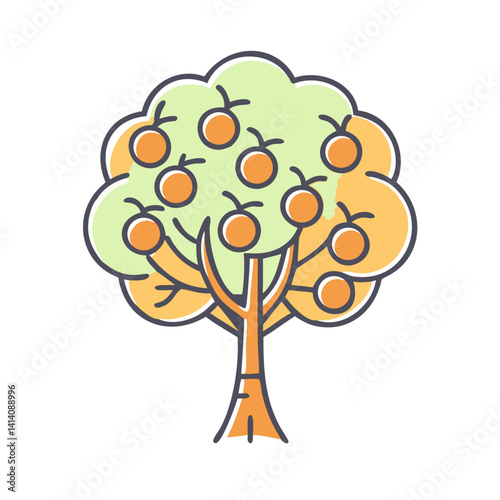 A Colorful Illustration of a Fruit Tree Abundantly Bearing Oranges