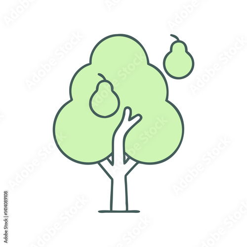 A Simple Illustration of a Pear Tree with Green Leaves and Pears