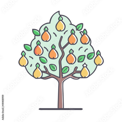 A Bountiful Pear Tree Illustration Featuring Numerous Ripe Pears of Varying Colors and Sizes