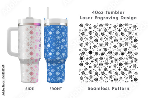 Christmas snowflakes tileable pattern. Seamless laser engraving design for 40oz tumbler. Full tumbler wrap. Vector illustration.