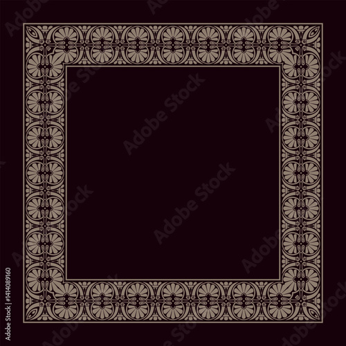 Beautiful Greek vector gold square frame arabesque. Vintage, ethnic greek, roman vector frame with arabesques. Pattern frame for square surfaces, textiles, embroidery, porcelain.  EPS
