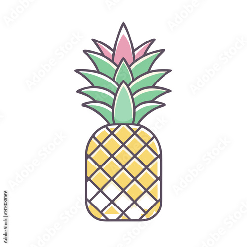 A Delightful Illustration of a Ripe Pineapple with Vibrant Green Leaves and a Pink Flower Top
