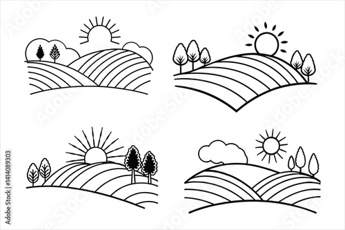 Silhouette of the sun rising over rolling spring hills with trees and flower