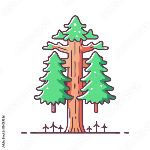 Majestic Redwood Tree in Winter Wonderland Setting with Small Pine Trees