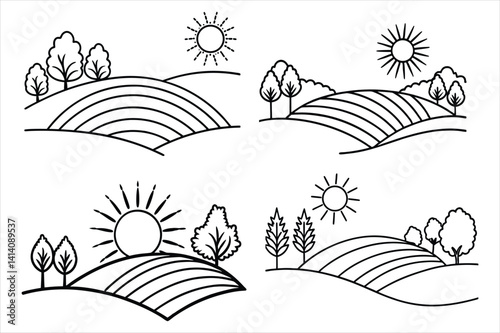Silhouette of the sun rising over rolling spring hills with trees and flower