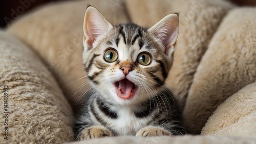 Young crazy surprised cat make big eyes closeup on sofa with funny face.
