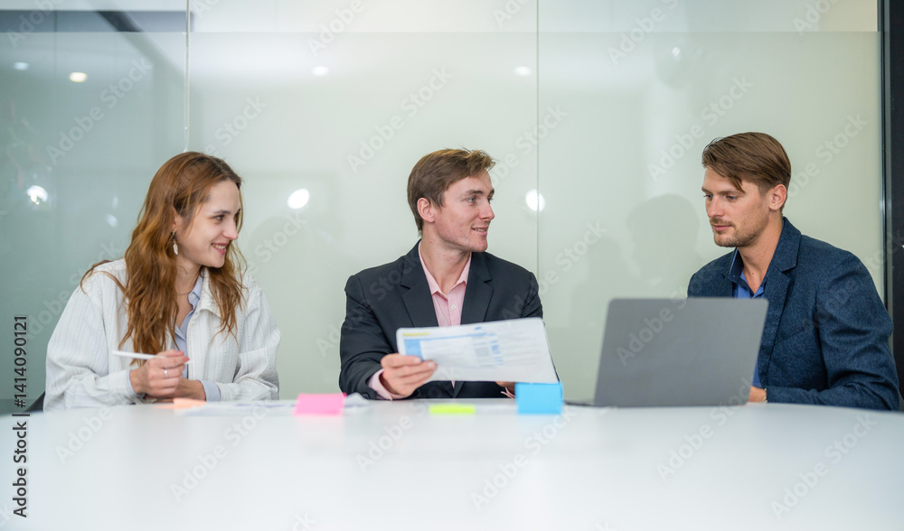 Business meeting in a modern office with diverse professionals discussing project plans and strategies Business meeting in a modern office with diverse professionals discussing project plans and strategies