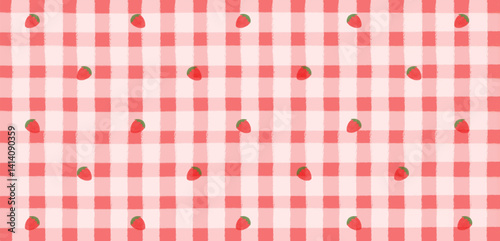 Cute vintage checkered print background decorated with little strawberries