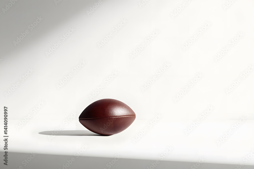 Minimalist composition of single football gently rotated with soft shadows cast on clean white background, captured in studio to highlight shape, clarity, and visual simplicity for modern designs