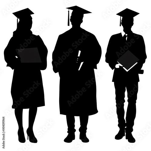 Silhouette of diverse graduates in graduation gowns and caps holding diplomas, celebrating academic achievement and success on a transparent background