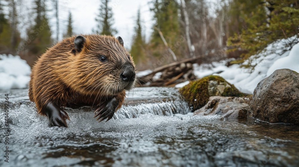 Fototapeta premium Riverbank beaver watches a winter creek cascade.