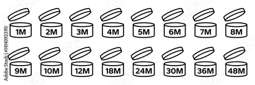 Period After Opening PAO label, symbol, icon logo. Cosmetic open period month 1M, 2M, 3M, 4M, 5M, 6M, 7M, 8M, 9M, 10M, 12M, 18M, 24M, 36M, 48M. Cream eu pack label for product packaging design.