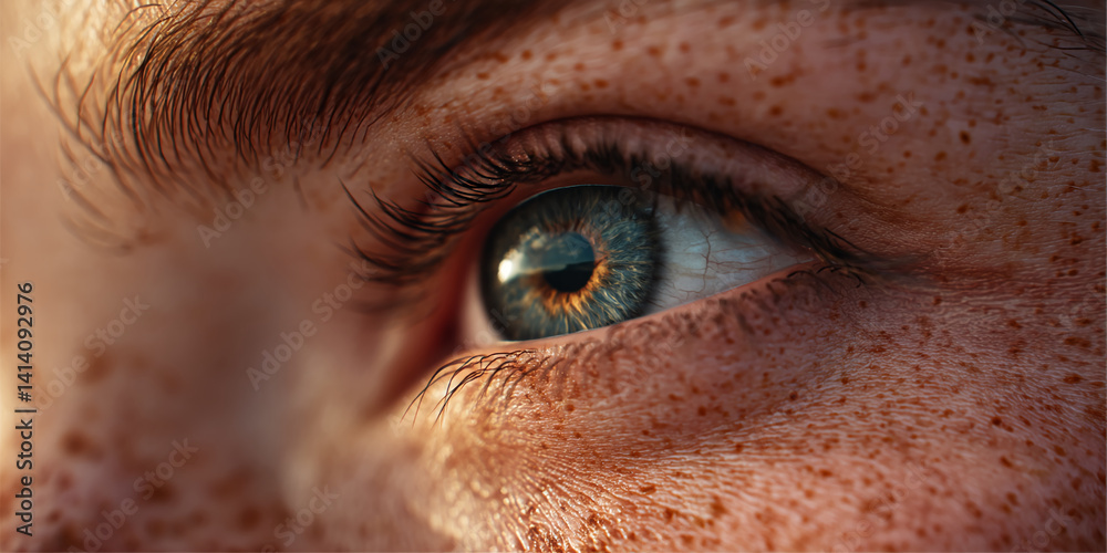 Fototapeta premium Close-up of a human eye with freckles, showcasing detailed texture of iris, eyelashes, and skin, representing beauty, detail, and human connection