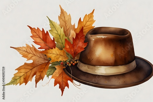 Close-up of a pilgrim hat with autumn leaves in watercolor style