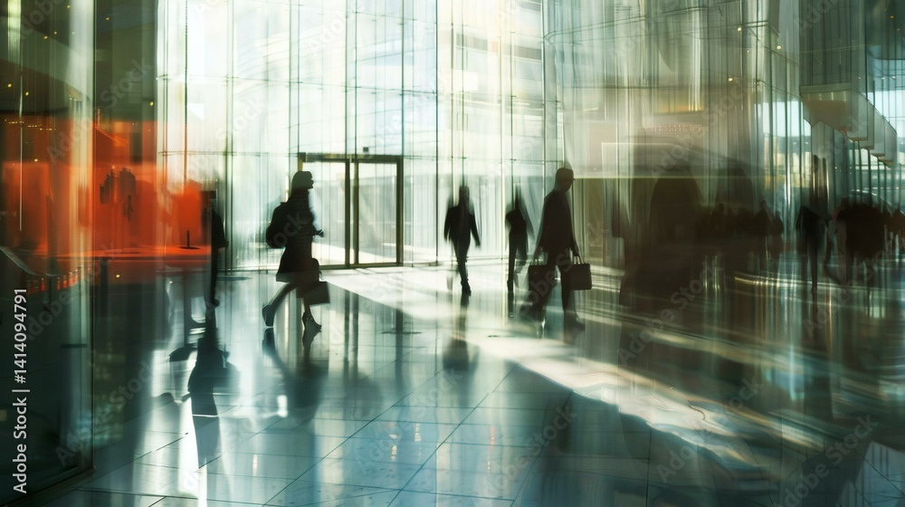 Blurred silhouettes of business professionals walking in a modern building lobby with bright lighting and reflections on a glossy floor Blurred silhouettes of business professionals walking in a modern building lobby with bright lighting and reflections on a glossy floor