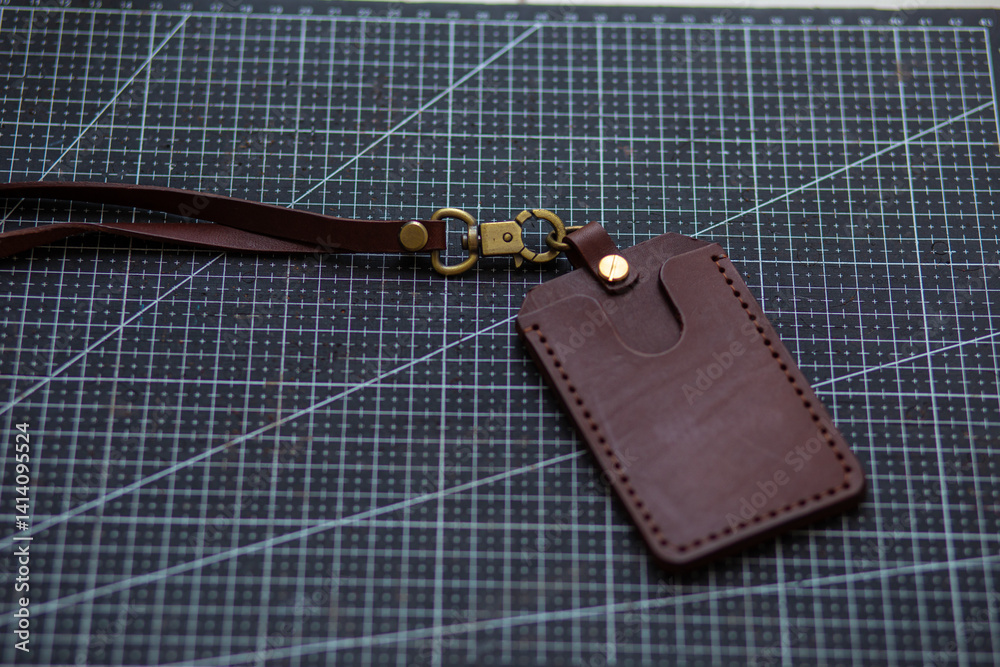 Leather id card holder handmade object craftmanship working