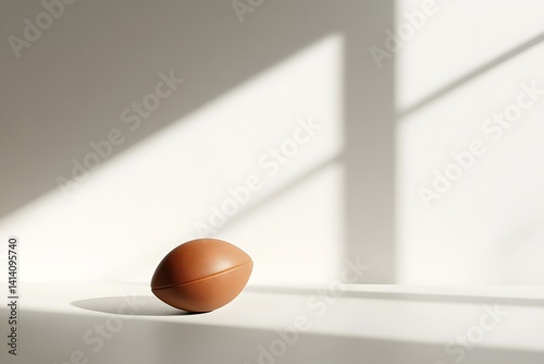 Obraz na płótnie Minimalist composition of single football gently rotated with soft shadows cast on clean white background, captured in studio to highlight shape, clarity, and visual simplicity for modern designs w salonie
