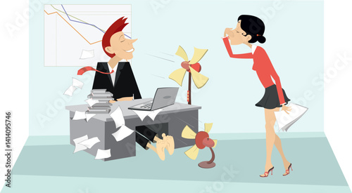 Heat in the office. Fans cooling air.
The businessman took off his shoes. Secretary holds her nose from odor nuisance. Man in the office without shoes trying to escape from the heat using two fans
