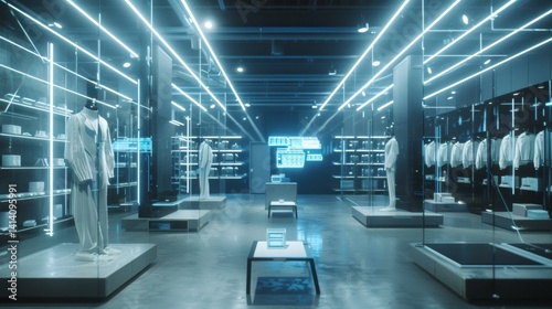 Futuristic technology retail warehouse featuring advanced displays  mannequins  and sleek  modern design elements