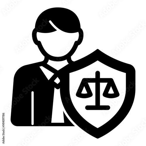 Lawyer man with scales on safety emblem solid icon, family lawyer concept. Vector graphics. Justice shield and human sign on white background, glyph style mobile or design.