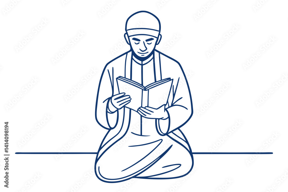 Obraz premium Muslim Man Reading Quran Line Drawing