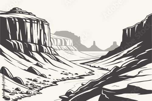 Canyon Mountain Scenery Line Drawing