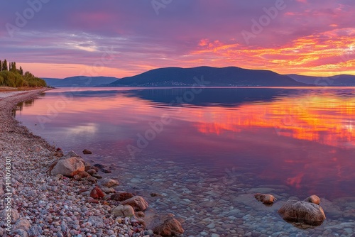 Serene sunrise over tranquil lake