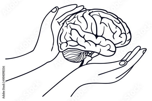 Brain in Hands Minimalist Line Drawing