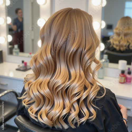 Stylish woman showcasing beautiful wavy hair in a salon setting  