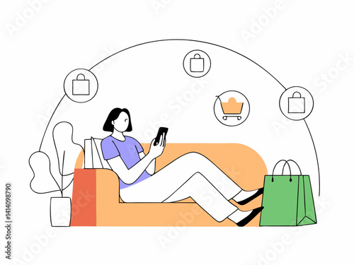 Vector cartoon illustration of a woman shopping in an online shopping mall with shopping bags.
