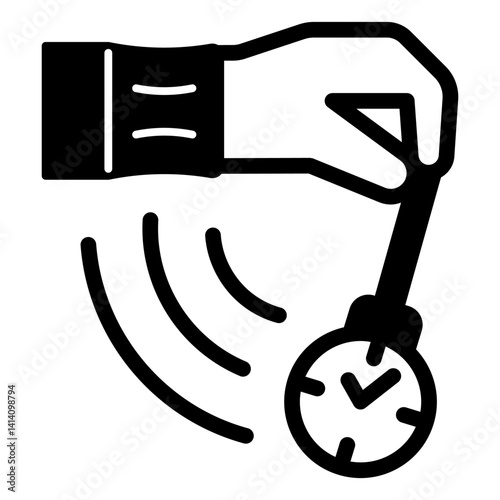 Psychologist pendulum clock in hand solid icon, psychology concept. Vector graphics. Hand with swing clock on chain, hanging sign on white background, glyph style mobile or design.