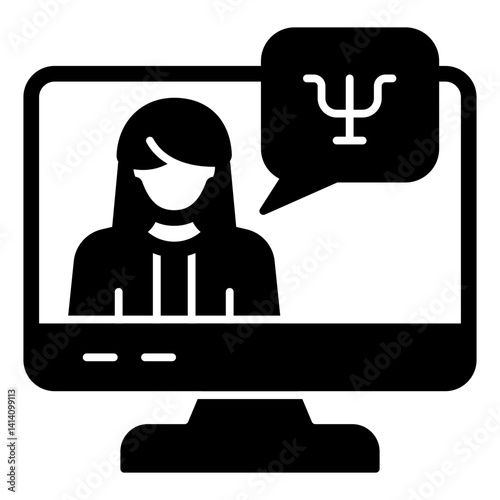 Monitor with doctor woman solid icon, online psychologist concept. Vector graphics. Therapy videocall, display screen  sign on white background, glyph style mobile or design.