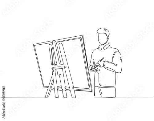 Continuous line drawing of man drawing on canvas. Single line illustration of watercolor paint on canvas. International art day concept. Editable outline