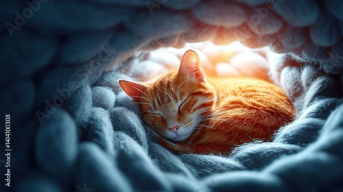 Peaceful cat curled up and deeply asleep in a soft blanket with gentle warmth on a cozy winter day