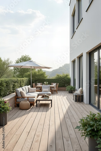 Spacious Modern Wooden Terrace with Lounge Area  Dining Set and Garden View     Outdoor Living Space with Umbrella and Potted Plants