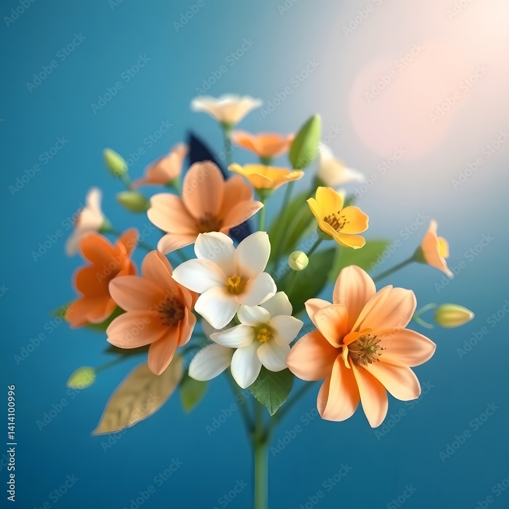 Obraz premium Elegant Freesia & Frangipani Bouquet: Soft Orange, Yellow, and White Blooms on a Teal Background