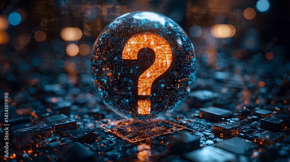 A question mark floating within a futuristic digital globe