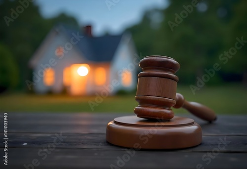 Judicial Homefront: Wooden Gavel on Rustic Surface, Illuminated House in Soft Focus, Emblem of Justice, Law, and Domestic Disputes, Real Estate, Property