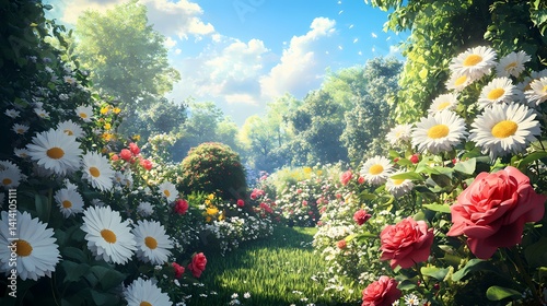 Vibrant garden with daisies and roses under a blue sky lush greenery bright blossoms tranquil summer morning ambiance
