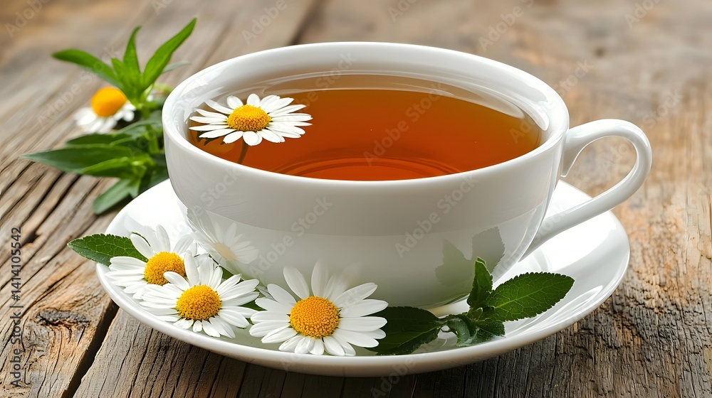 Warm Chamomile Tea in White Cup on Rustic Wooden Surface Warm Chamomile Tea in White Cup on Rustic Wooden Surface