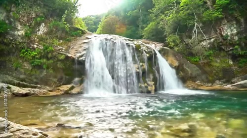 Lush Green Forest Waterfall Video. Nature Rocks Stream 