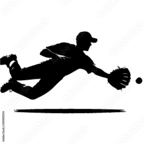 Silhouette of a fielder diving horizontally to stop the ball.