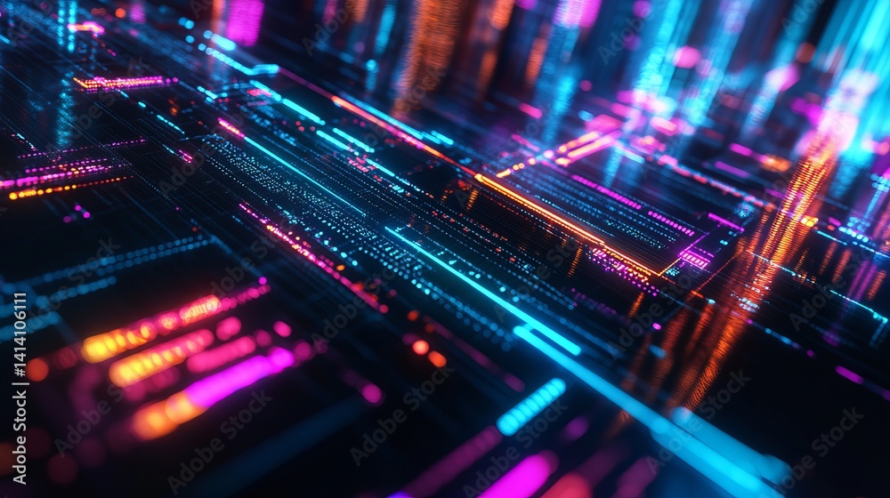 Obraz premium Abstract digital neon lines glowing bright pink blue orange technology background data code light