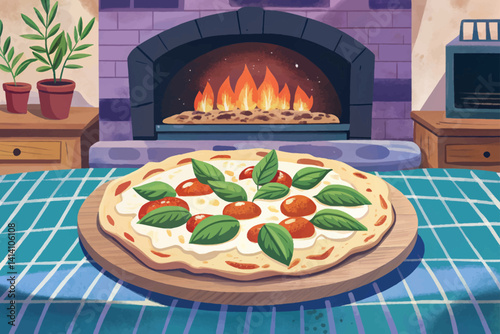 freshly baked pizza Margherita on a rustic wooden table inside a traditional Neapolitan pizzeria. brick walls, vintage Italian pizza, cartoon design Flat style vector illustration