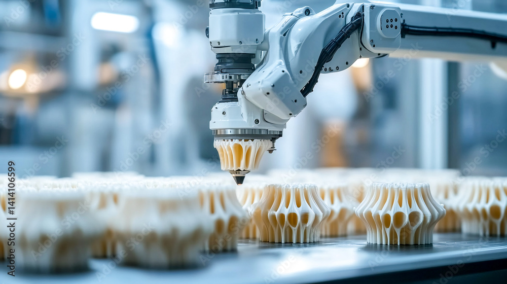 A robotic arm operating a 3D printer, actively creating complex parts in real time with precision and automation A robotic arm operating a 3D printer, actively creating complex parts in real time with precision and automation