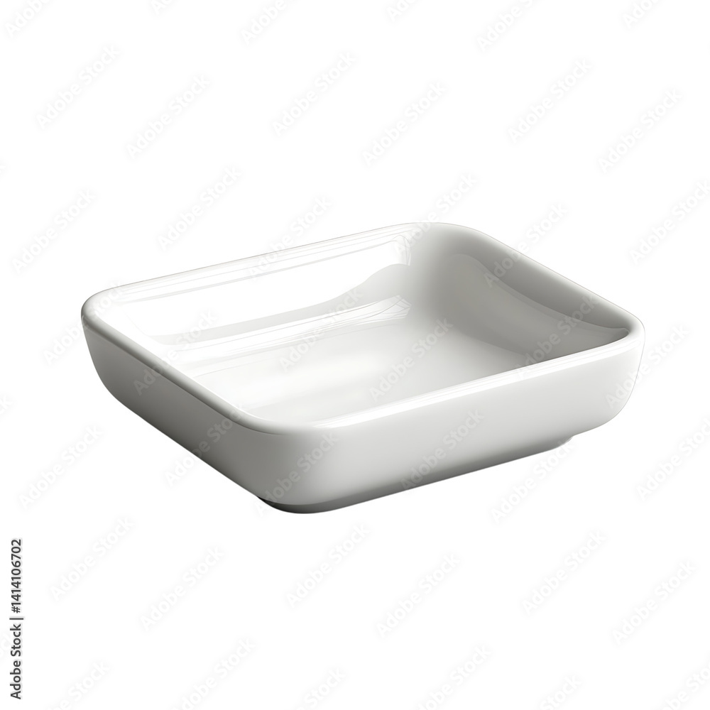 Glossy white ceramic soap dish with soft curves and rectangular shape featuring smooth edges and clean design presented alone on a transparent background