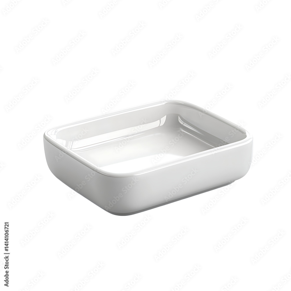 Glossy white ceramic soap dish with soft curves and rectangular shape featuring smooth edges and clean design presented alone on a transparent background
