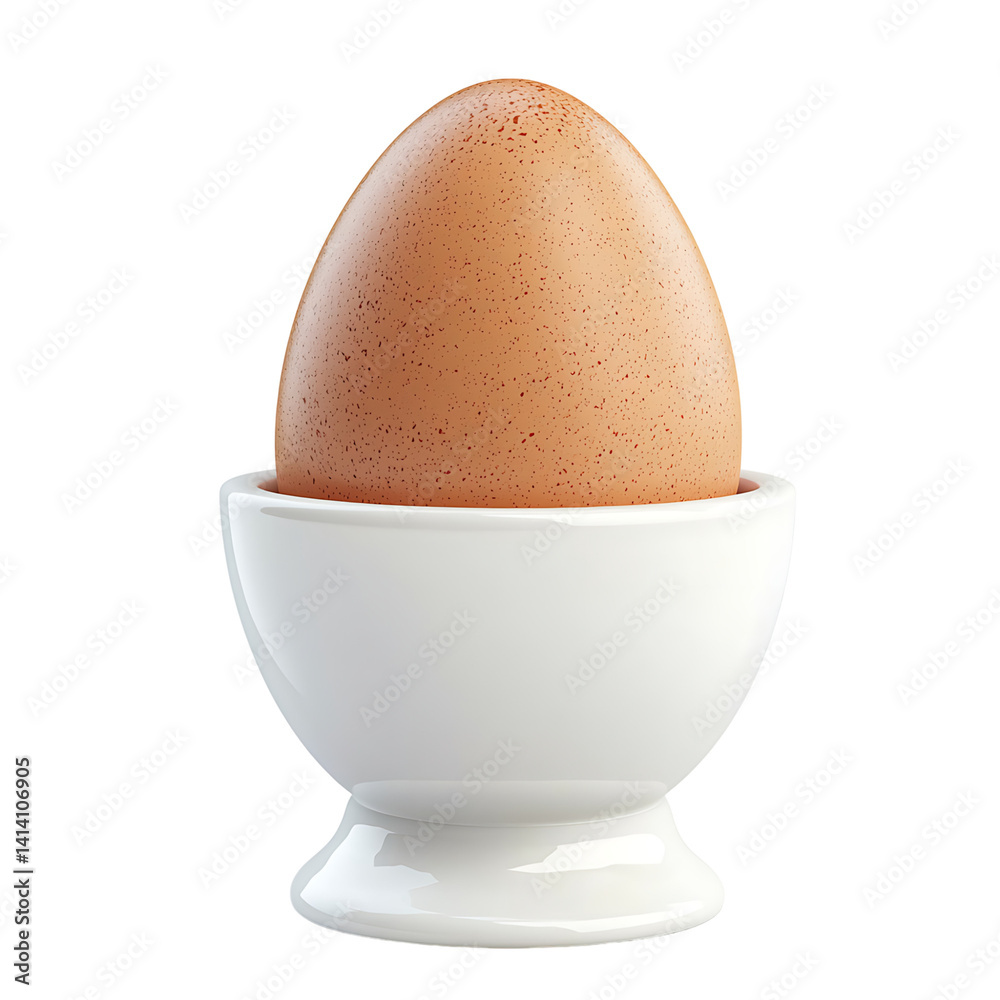 Single brown egg resting upright in a matte ceramic egg holder with soft curved pedestal shape in clean minimal presentation on a transparent background