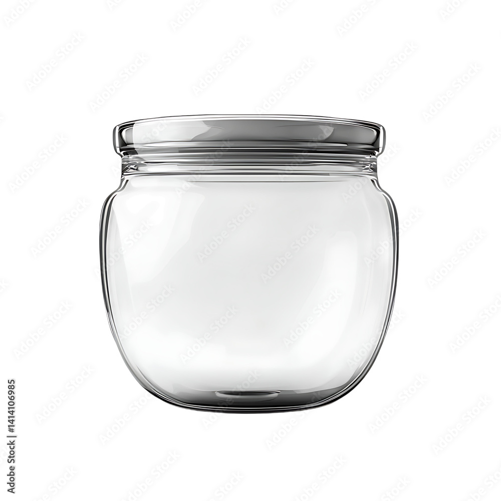 Clear cylindrical glass storage jar with reflective metal lid seen from front view showing clean minimal container design on a transparent background